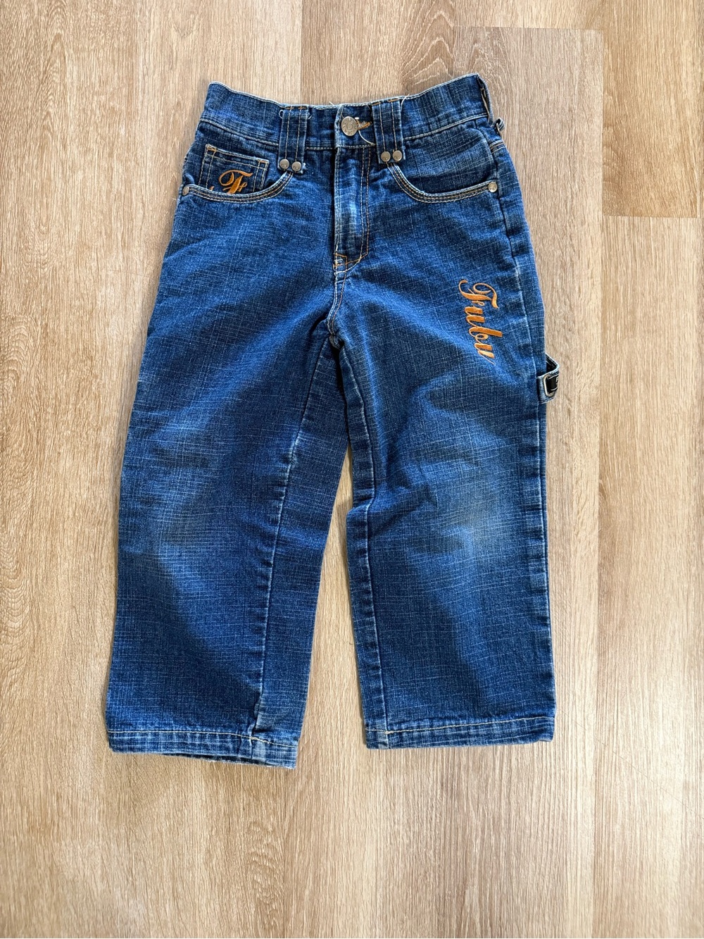 FUBU Y2K Kids Denim Jeans Size 5 Baggy Leg Embroidered Hip Hop Skater